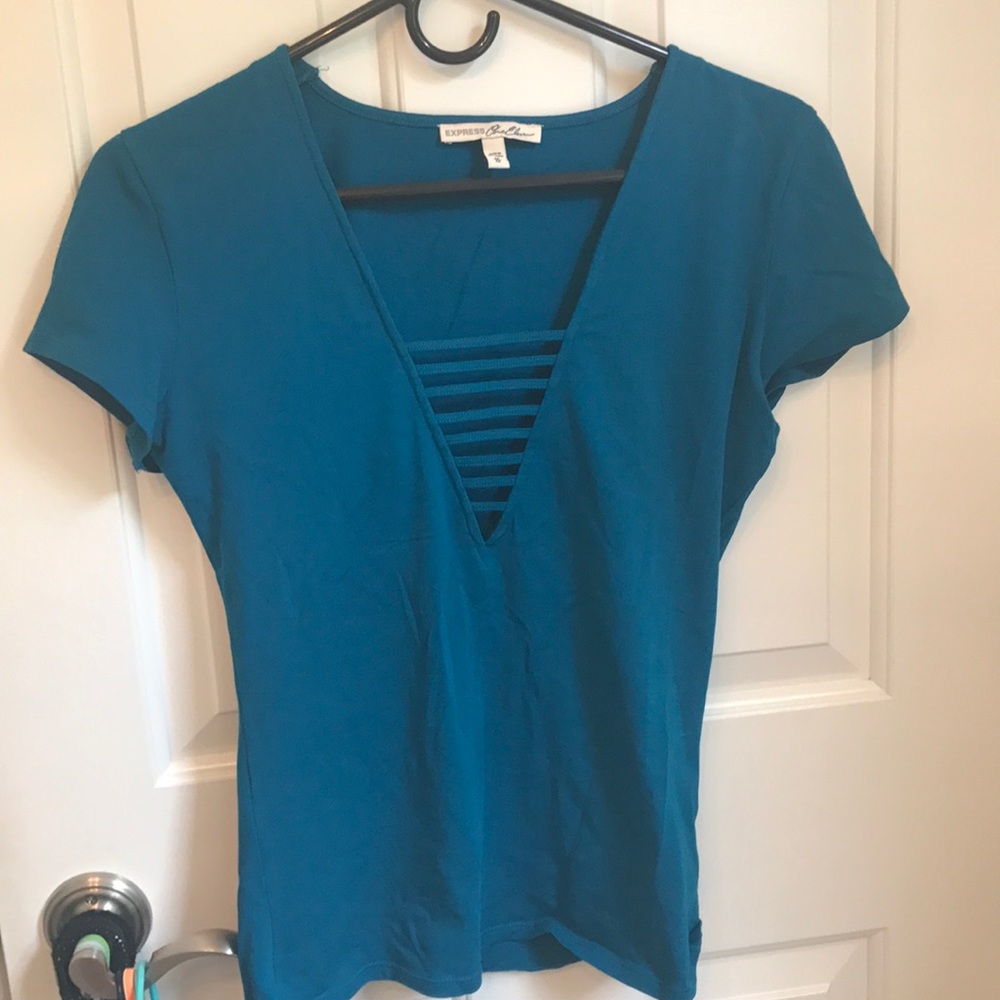 Express teal deep-V caged front top
